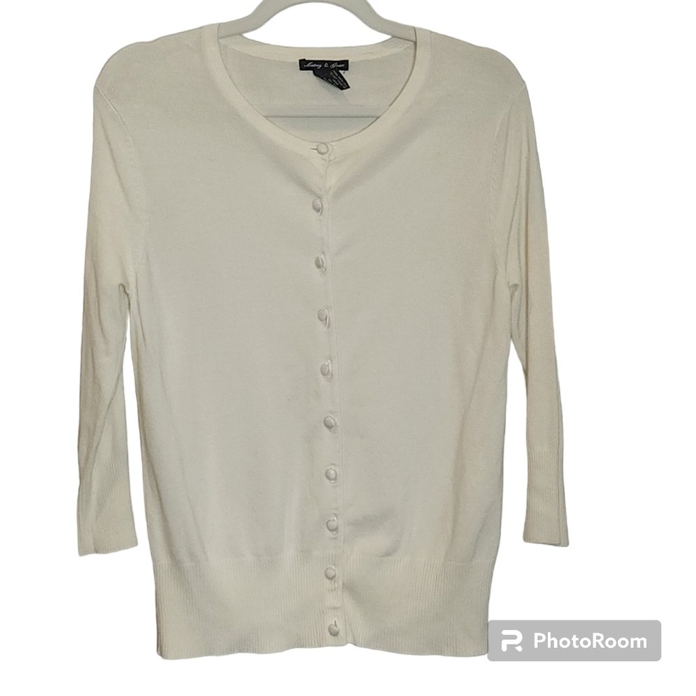 Audrey & Grace Cream 3/4 Sleeve Cardigan Sweater Size Medium